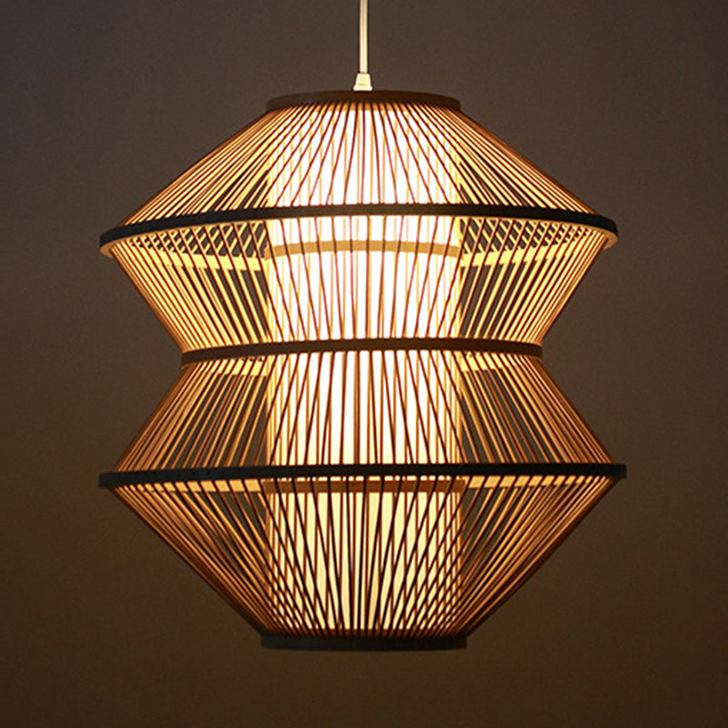 Bamboo Open-Weave Ceiling Lamp: Contemporary Indoor Hanging Light With Beige Inner Shade