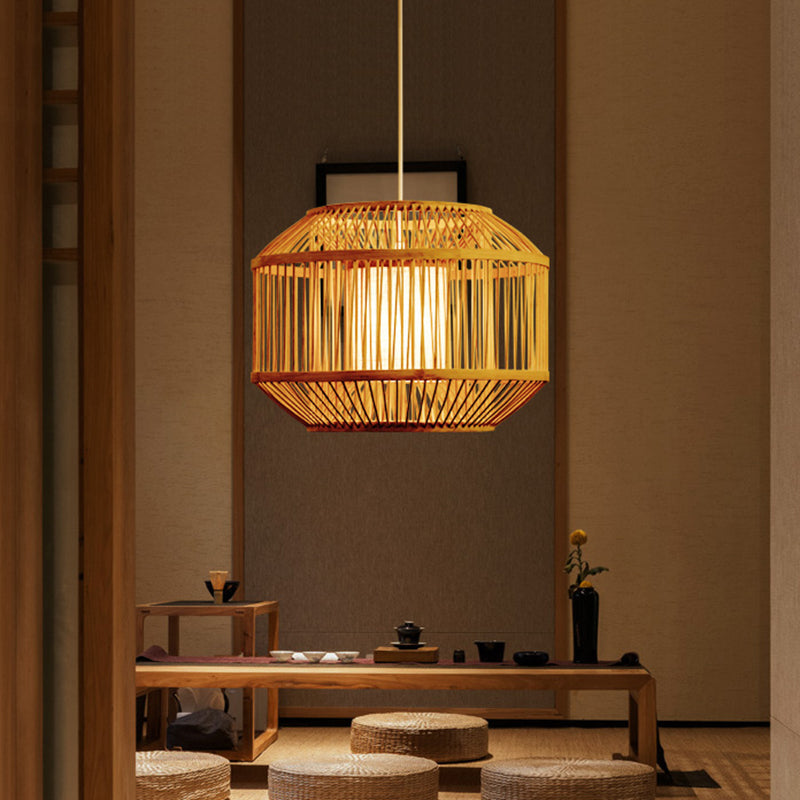 Geometric Bamboo Hanging Fixture - 1 Light Pendant Lighting In Beige (16/19.5 W) Ideal For Dining