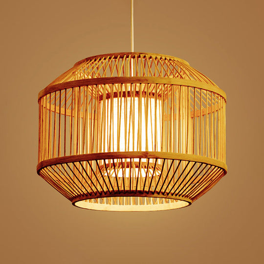 Geometric Bamboo Hanging Fixture - 1 Light Pendant Lighting In Beige (16/19.5 W) Ideal For Dining