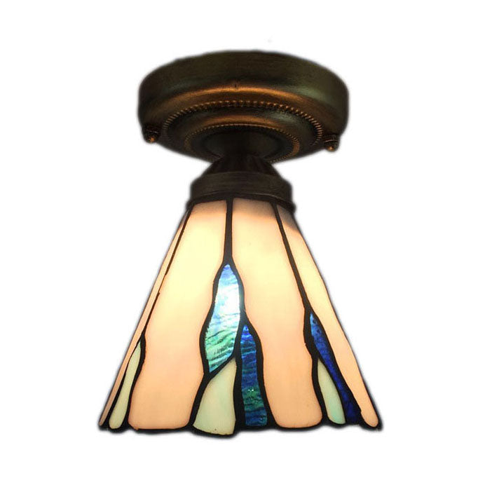 White/Beige/Blue-White Stained Glass Conical Flush Light - Tiffany 1-Light Ceiling Fixture for Bedroom Lighting