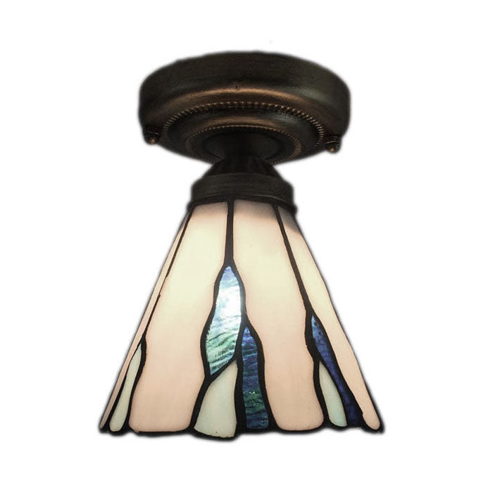 White/Beige/Blue-White Stained Glass Conical Flush Light - Tiffany 1-Light Ceiling Fixture for Bedroom Lighting