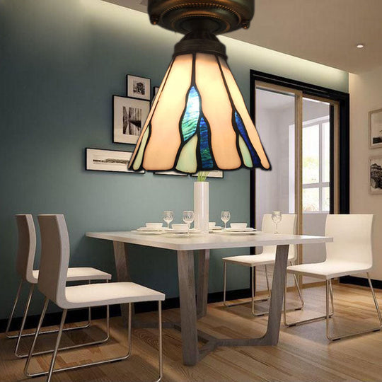 White/Beige/Blue-White Stained Glass Conical Flush Light - Tiffany 1-Light Ceiling Fixture for Bedroom Lighting