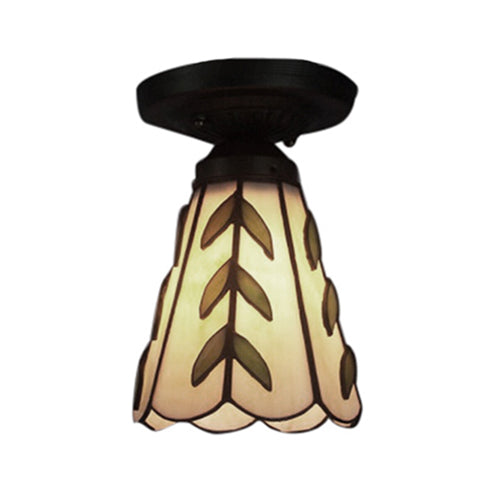 White/Beige/Blue-White Stained Glass Conical Flush Light - Tiffany 1-Light Ceiling Fixture for Bedroom Lighting