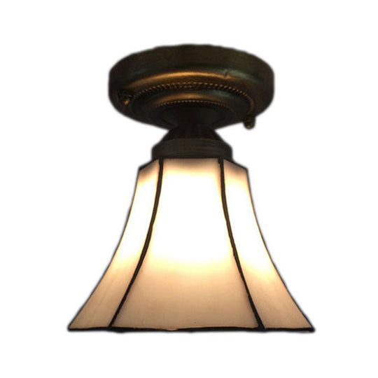 White/Beige/Blue-White Stained Glass Conical Flush Light - Tiffany 1-Light Ceiling Fixture for Bedroom Lighting