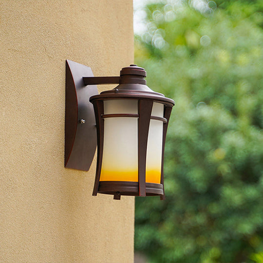 Copper Wall Mounted Farmhouse Sconce Lamp With Yellow And White Glass Jar - Courtyard Lighting