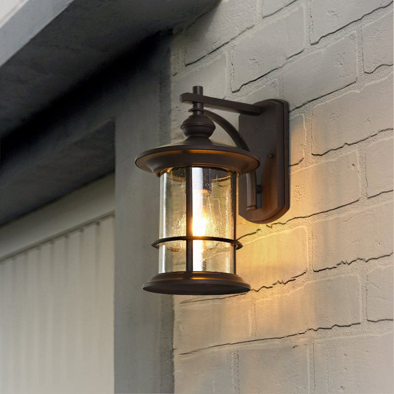 Clear Seeded Glass Cylinder Sconce Outdoor Wall Mounted Lamp For Garden - 1-Bulb Black/Coffee Finish