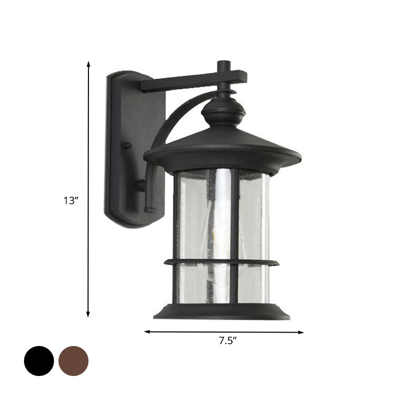 Clear Seeded Glass Cylinder Sconce Outdoor Wall Mounted Lamp For Garden - 1-Bulb Black/Coffee Finish