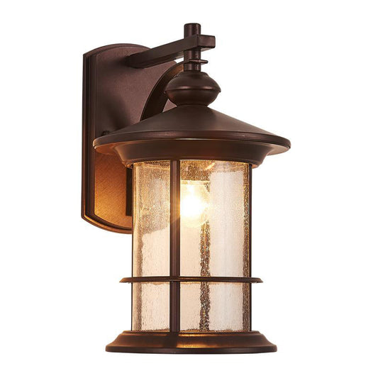 Clear Seeded Glass Cylinder Sconce Outdoor Wall Mounted Lamp For Garden - 1-Bulb Black/Coffee Finish