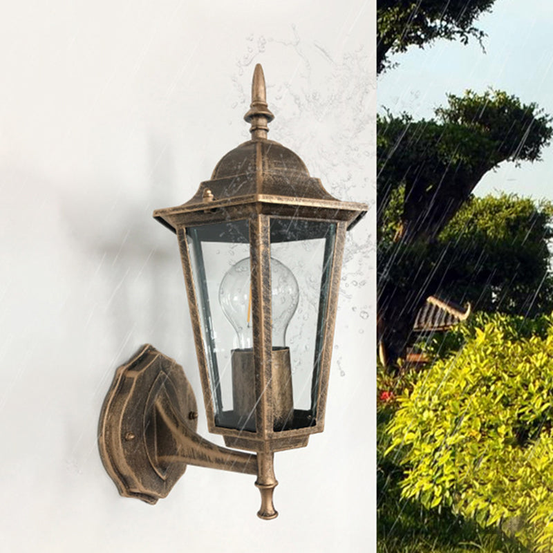 Antique Brass Hexagon Clear Glass Wall Sconce - Elegant 1-Light Lamp Fixture For Countryside