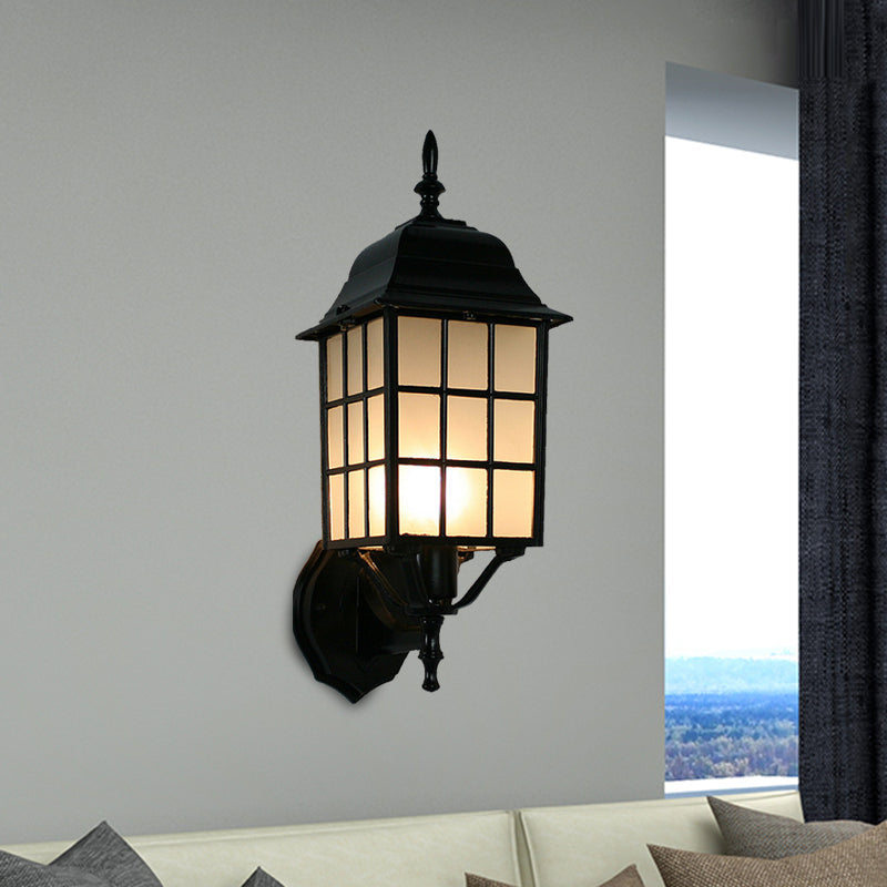 Grid Shape Wall Mounted Sconce In Black | Countryside Style 1-Head Aluminum Light With Frosted Glass