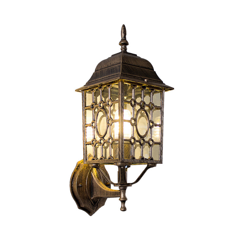 Rustic Metallic Grid Wall Sconce Lamp With Clear Glass Shade - 1 Bulb Courtyard Lighting