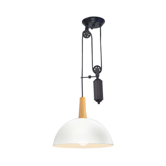 Industrial Style Domed Kitchen Pendant Light with Pulley and Metal Frame – Black/White Hanging Lamp