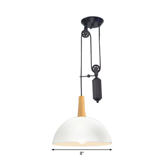 Industrial Style Domed Kitchen Pendant Light with Pulley and Metal Frame – Black/White Hanging Lamp