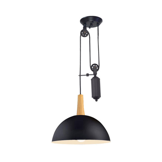 Industrial Style Domed Kitchen Pendant Light with Pulley and Metal Frame – Black/White Hanging Lamp