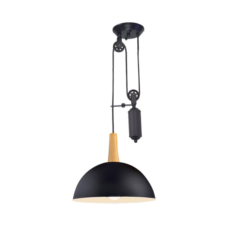 Industrial Style Domed Pendant Light With Pulley - Metal 1 Black/White Kitchen Lamp