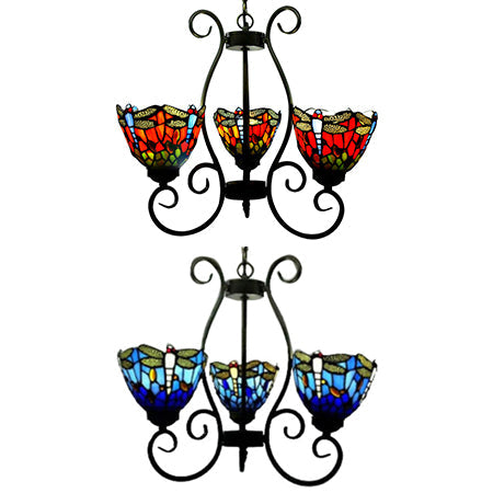 Dragonfly Chandelier Pendant Light In Red/Blue Stained Glass - 3-Light Fixture For Living Room