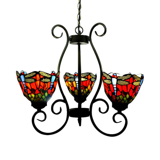 Dragonfly Chandelier Pendant Light In Red/Blue Stained Glass - 3-Light Fixture For Living Room Red