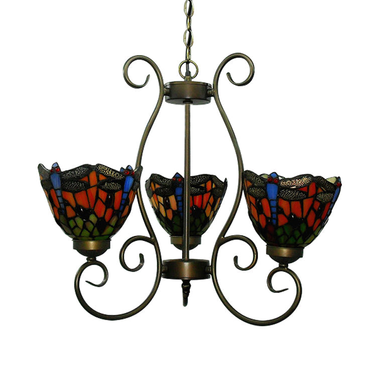 Dragonfly Chandelier Pendant Light In Red/Blue Stained Glass - 3-Light Fixture For Living Room