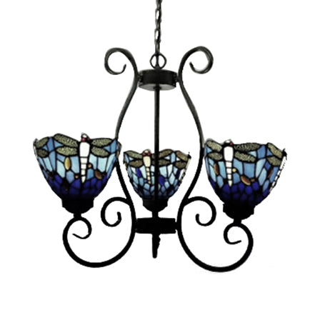 Dragonfly Chandelier Pendant Light In Red/Blue Stained Glass - 3-Light Fixture For Living Room