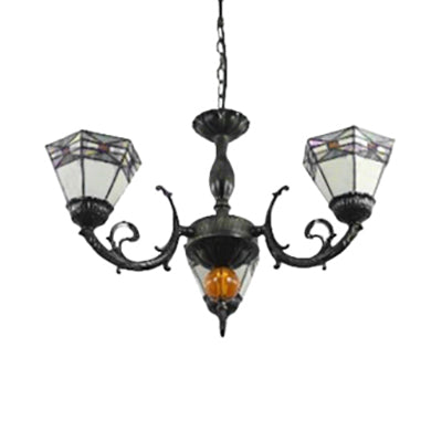 Traditional Stained Glass Cone Chandelier: 3-Light Hanging Lamp With Peacock Tail/Rhombus Pattern