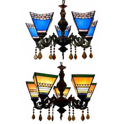 Retro Geometric Stained Glass Chandelier with Crystal Pendants - 5 Bulbs in Yellow/Blue for Bedroom