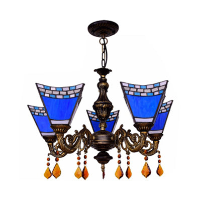 Retro Geometric Stained Glass Chandelier with Crystal Pendants - 5 Bulbs in Yellow/Blue for Bedroom