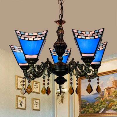 Retro Geometric Stained Glass Chandelier with Crystal Pendants - 5 Bulbs in Yellow/Blue for Bedroom