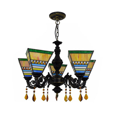 Retro Stained Glass 5-Bulb Chandelier With Crystal Pendants - Geometric Hanging Light In Yellow/Blue