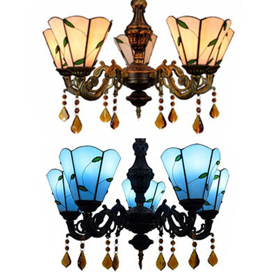 Scalloped Rustic Stained Glass Leaf Chandelier With Crystal - Blue/Beige 5 Heads Dining Room Pendant