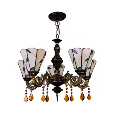 Scalloped Rustic Stained Glass Leaf Chandelier Light with Crystal in Blue/Beige - Perfect for the Dining Room