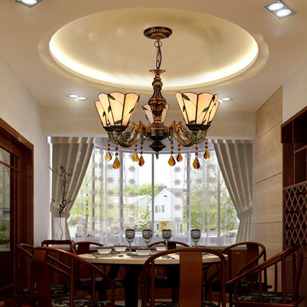 Scalloped Rustic Stained Glass Leaf Chandelier Light with Crystal in Blue/Beige - Perfect for the Dining Room