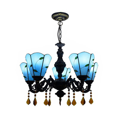 Scalloped Rustic Stained Glass Leaf Chandelier Light with Crystal in Blue/Beige - Perfect for the Dining Room