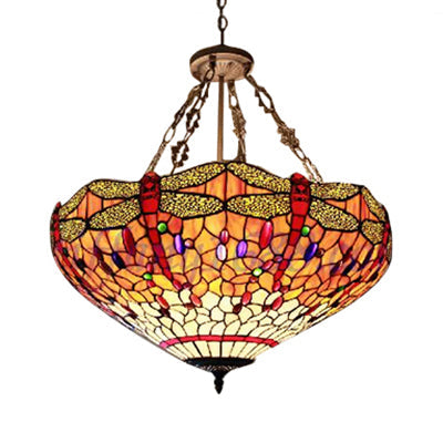 Dragonfly Pattern Tiffany Stained Pendant Light - Orange Bowl Hanging Ceiling Light, 18"/23.5" W - Lodge Style for Foyer