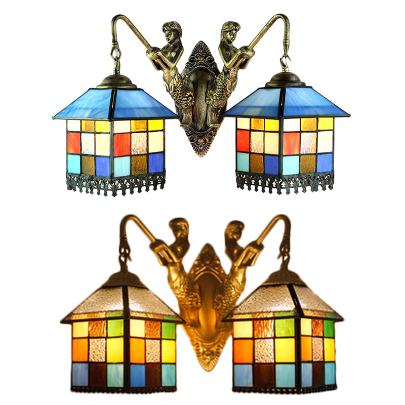 Tiffany Multicolor Stained Glass Wall Light Fixture - Clear/Blue Sconce Lighting 2 Heads