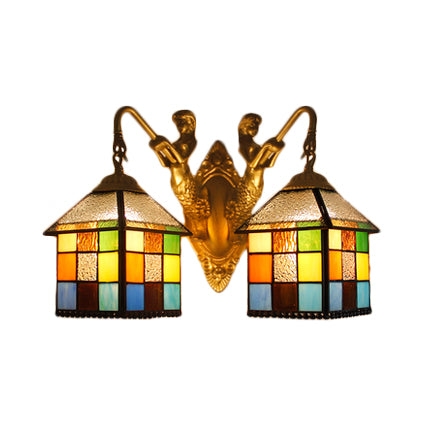 Tiffany Multicolor Stained Glass Wall Light Fixture - Clear/Blue Sconce Lighting 2 Heads