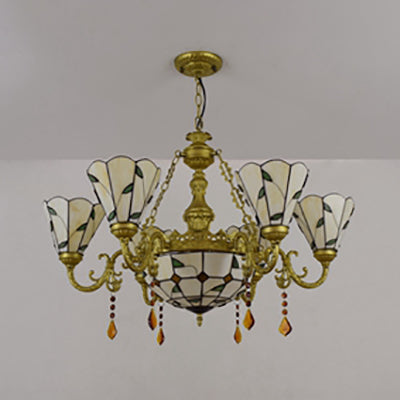 Rustic Stained Glass Chandelier: 8-Light Crystal Blue/Beige Leaf Pattern