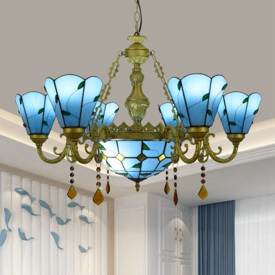 Rustic Stained Glass Chandelier: 8-Light Crystal Blue/Beige Leaf Pattern Blue