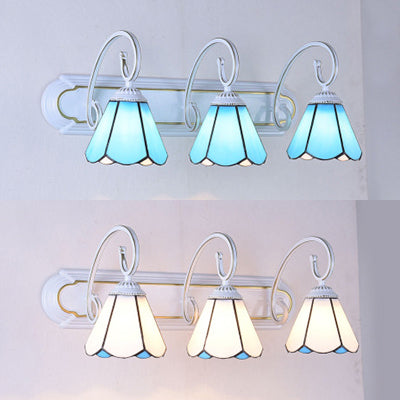 Tiffany Cone White/Blue Glass Vanity Sconce Light - 3-Head Wall Mount For Bathrooms