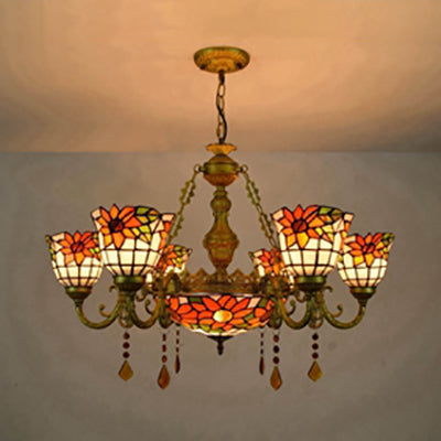 Stunning Inverted Chandelier with Tiffany Stained Glass, 7 Crystal Lights, and Colorful Sunflower Pattern in Brass