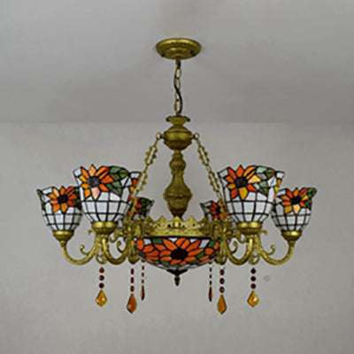 Stained Glass Chandelier With Floral Tiffany Design 7 Crystal Lights In Brass Finish