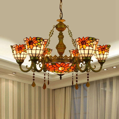 Stunning Inverted Chandelier with Tiffany Stained Glass, 7 Crystal Lights, and Colorful Sunflower Pattern in Brass