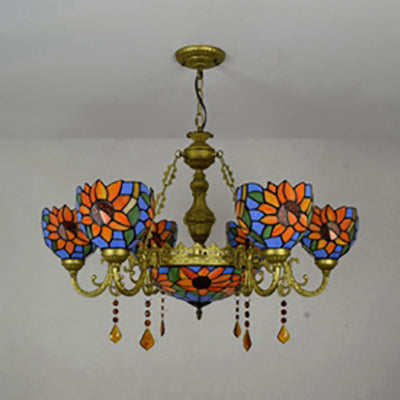 Stained Glass Chandelier With Floral Tiffany Design 7 Crystal Lights In Brass Finish