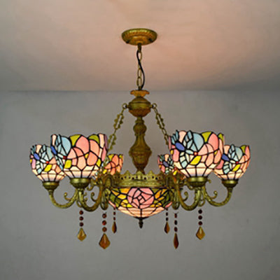 Stunning Inverted Chandelier with Tiffany Stained Glass, 7 Crystal Lights, and Colorful Sunflower Pattern in Brass