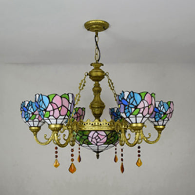 Stained Glass Chandelier With Floral Tiffany Design 7 Crystal Lights In Brass Finish