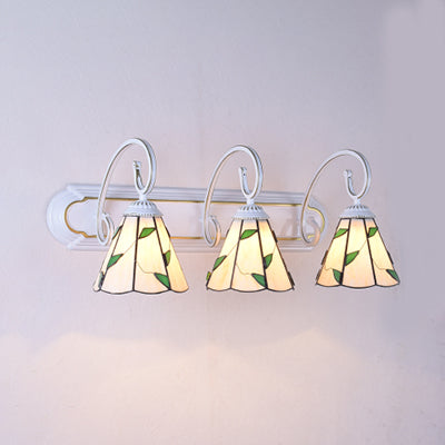 Lily Sconce Light Fixture In Tiffany Blue/Beige Glass - 3-Head White Wall Mounted With Scrolling Arm