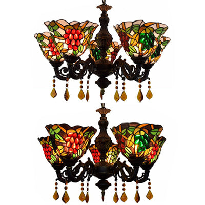 Tiffany Stained Glass Inverted Chandelier With Multicolored Bell Shades And 5 Grape Lights