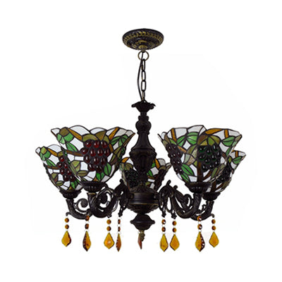 Multicolored Bell Inverted Chandelier Tiffany Stained Glass 5-Light Grapes Hanging Light with Crystal accents (Black/White)