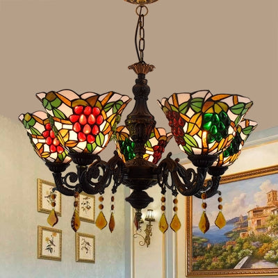 Multicolored Bell Inverted Chandelier Tiffany Stained Glass 5-Light Grapes Hanging Light with Crystal accents (Black/White)