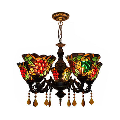 Tiffany Stained Glass Inverted Chandelier With Multicolored Bell Shades And 5 Grape Lights