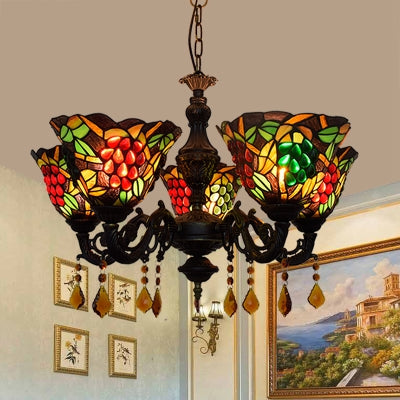 Multicolored Bell Inverted Chandelier Tiffany Stained Glass 5-Light Grapes Hanging Light with Crystal accents (Black/White)